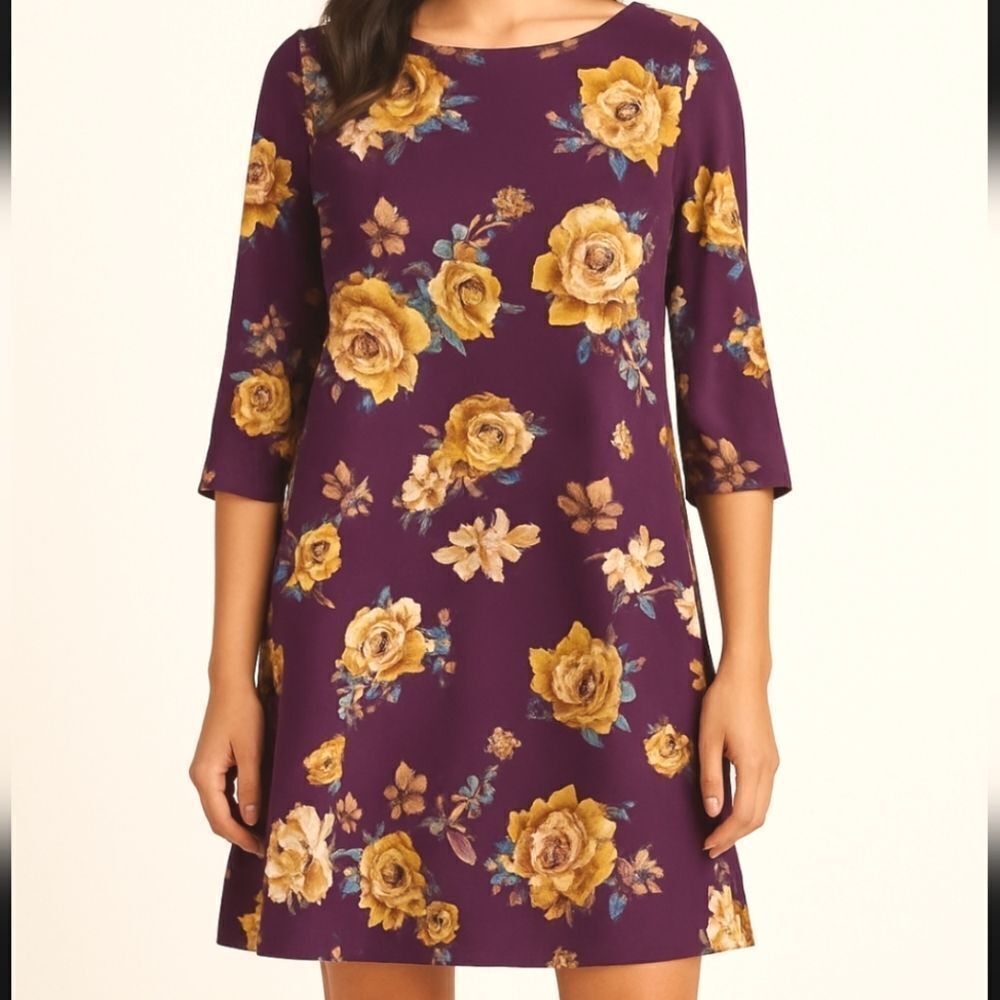 Everly Purple Floral 3/4 Sleeve Dress - Size Medium